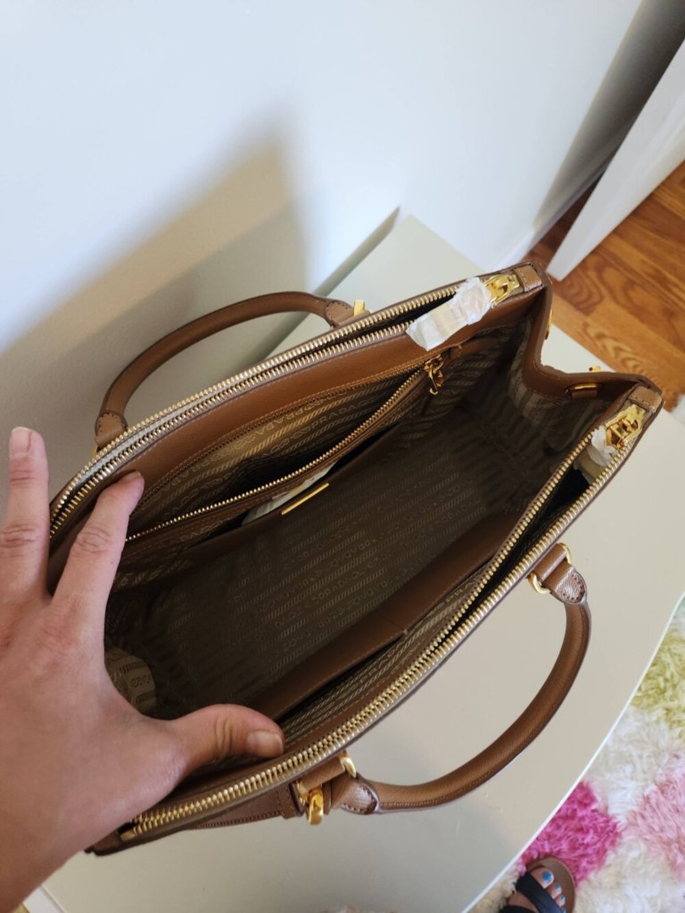 New Prada Brown Saffiano Lux Leather  Double Zip Tote - Picture 12 of 15